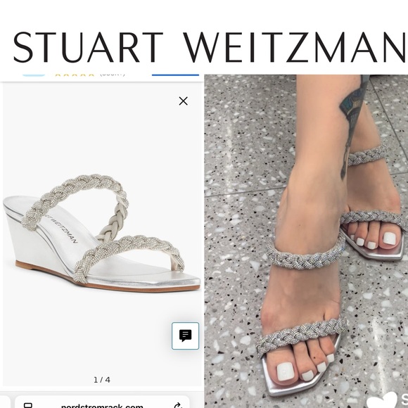 STUART WEITZMAN Highshine 50MM braided glitter Wedge Sandals in silver size 7